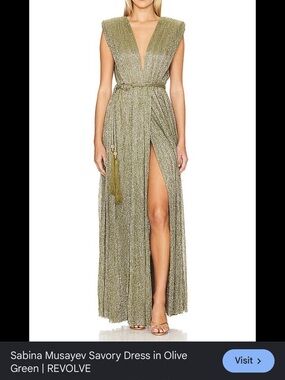 Sabina Musayev Olive Green Metallic Evening Dress with Tassel Detail